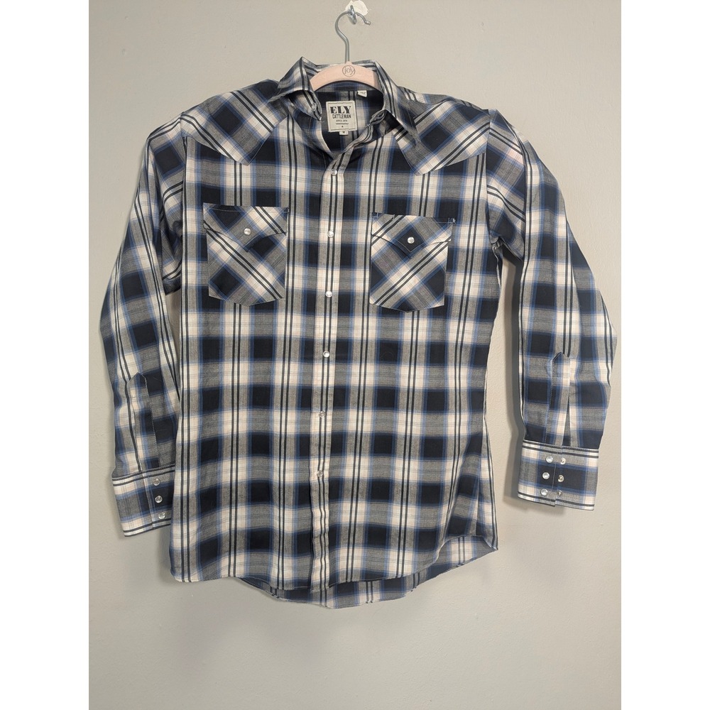 Ely Cattleman Men's M Blue Plaid Pearl Snap Western Shirt Long Sleeve Cowboy